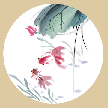水墨，金鱼，荷花