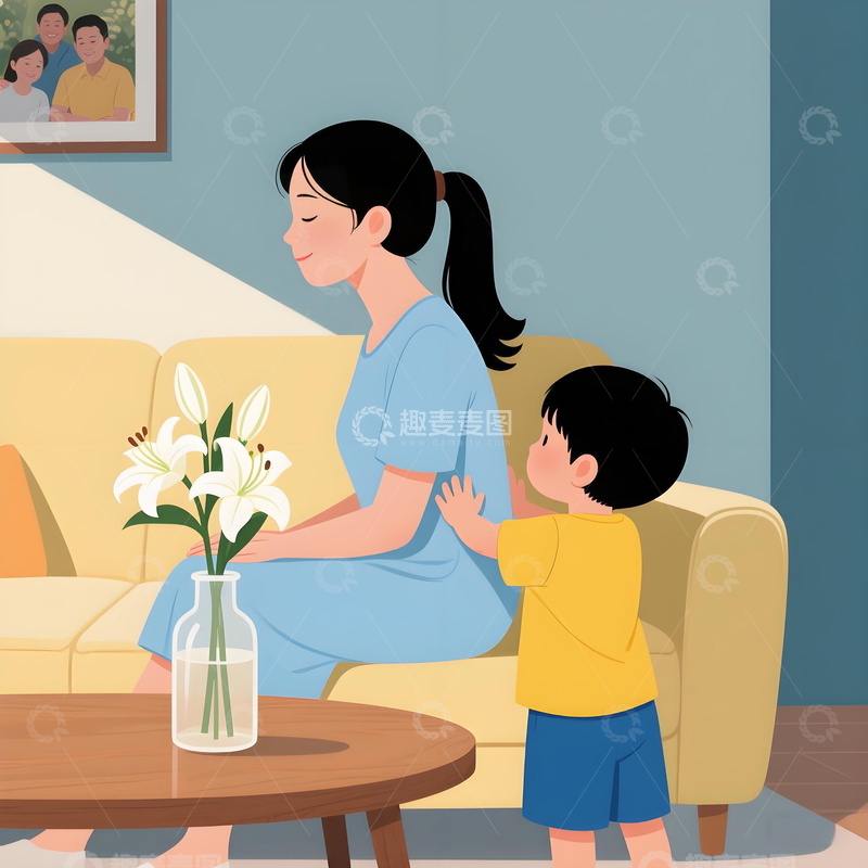 高清大图下载【趣麦麦图】母亲节温馨插画小男孩帮母亲捶背手绘插画