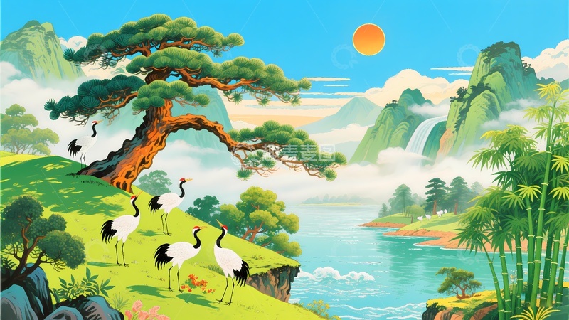 高清大图下载【趣麦麦图】迎客松山水画