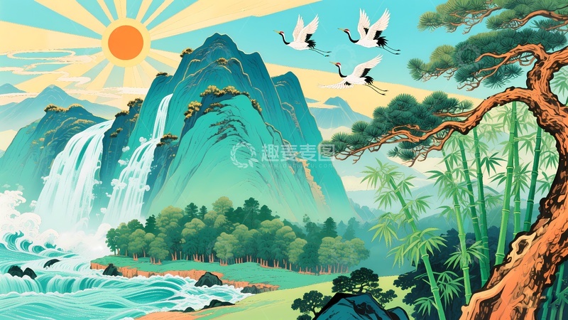 高清大图下载【趣麦麦图】迎客松山水画5