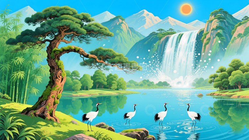 高清大图下载【趣麦麦图】迎客松山水画3