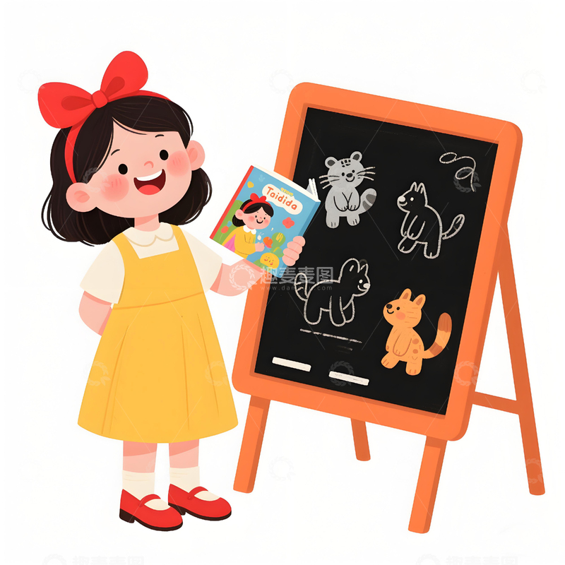 高清大图下载【趣麦麦图】手持绘本穿黄色裙子的可爱小女孩