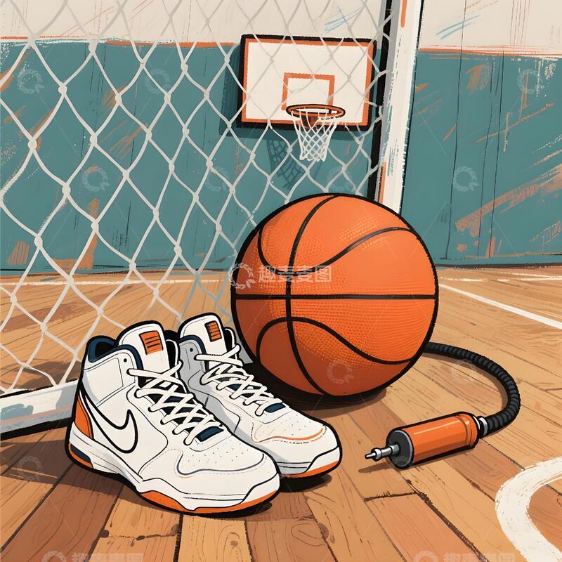 高清大图下载【趣麦麦图】-手绘风格的篮球与篮球鞋
