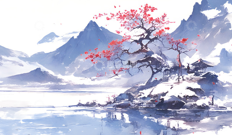 高清大图下载【趣麦麦图】中国风国风秋冬山水插画4