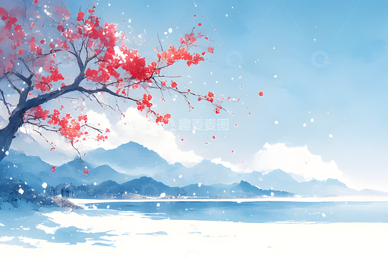 高清大图下载【趣麦麦图】中国风国风秋冬山水插画1