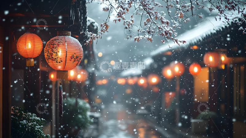 高清大图下载【趣麦麦图】冬季雪中古风建筑红灯笼风景1