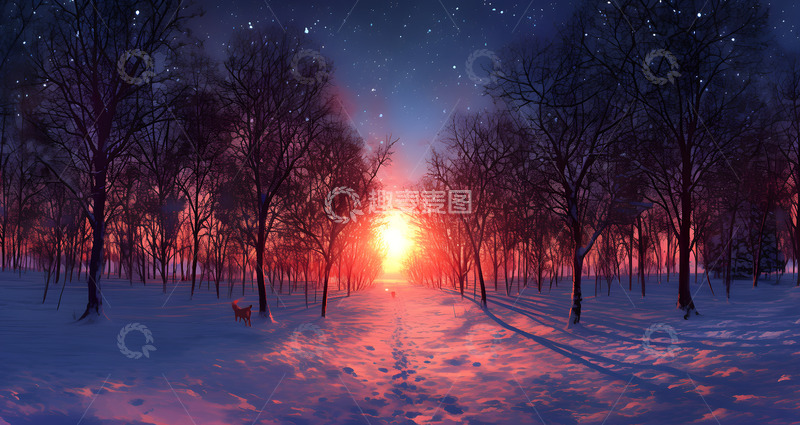 高清大图下载【趣麦麦图】秋冬雪地美景插画1