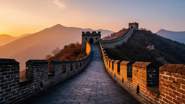 创意落日万里长城名胜古迹枫叶场景