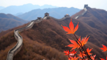 创意秋季万里长城名胜古迹枫叶场景