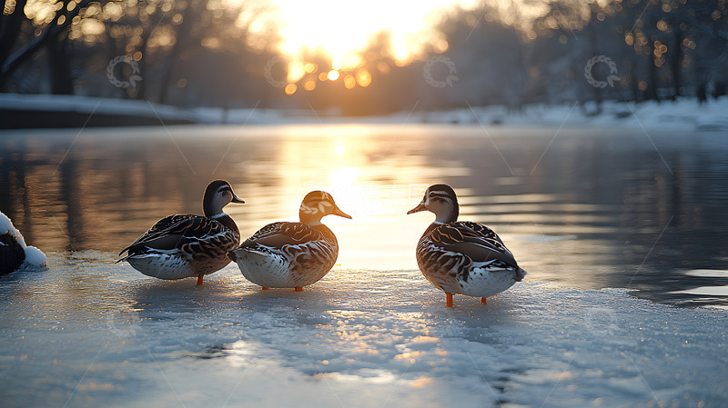 高清大图下载【趣麦麦图】冬季水塘上的鸭子1