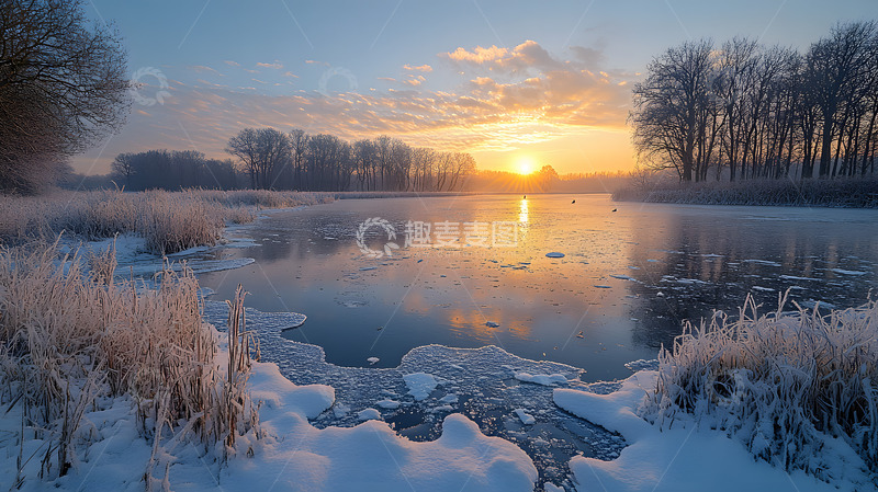 高清大图下载【趣麦麦图】冬季雪地河塘美景
