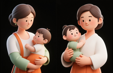 妈妈抱着小孩3D粘土风格