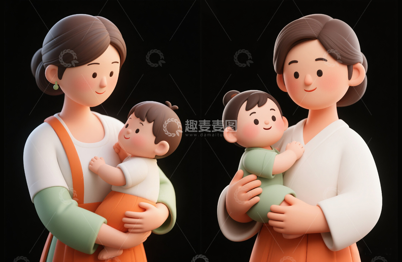 高清大图下载【趣麦麦图】妈妈抱着小孩3D粘土风格