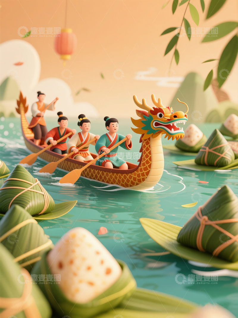 高清大图下载【趣麦麦图】端午节划龙舟海报1