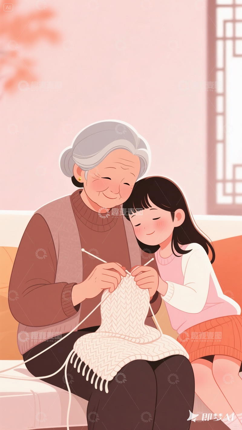 高清大图下载【趣麦麦图】孙女偎依在奶奶身边