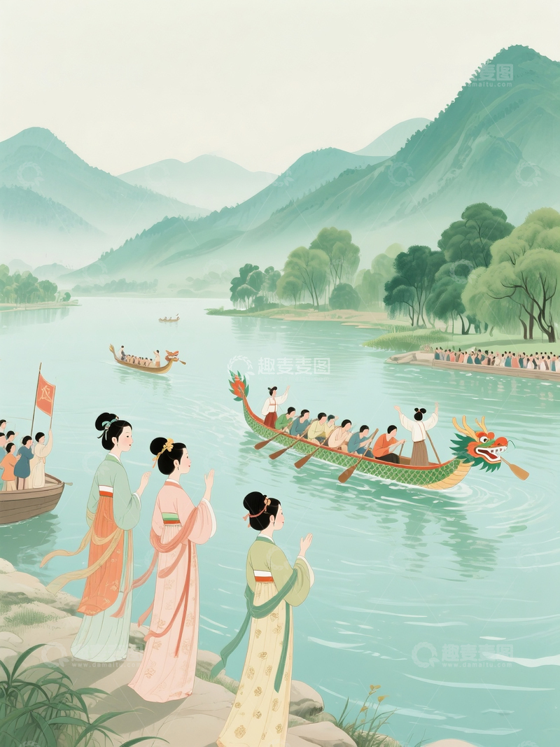 高清大图下载【趣麦麦图】端午节观看划龙舟水彩插画