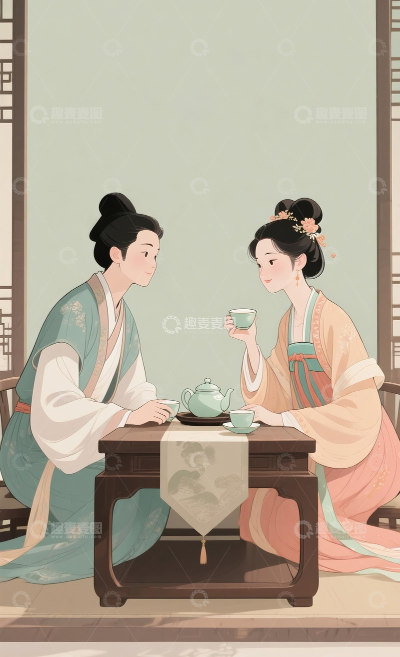 高清大图下载【趣麦麦图】中式美学情侣一起品茶3
