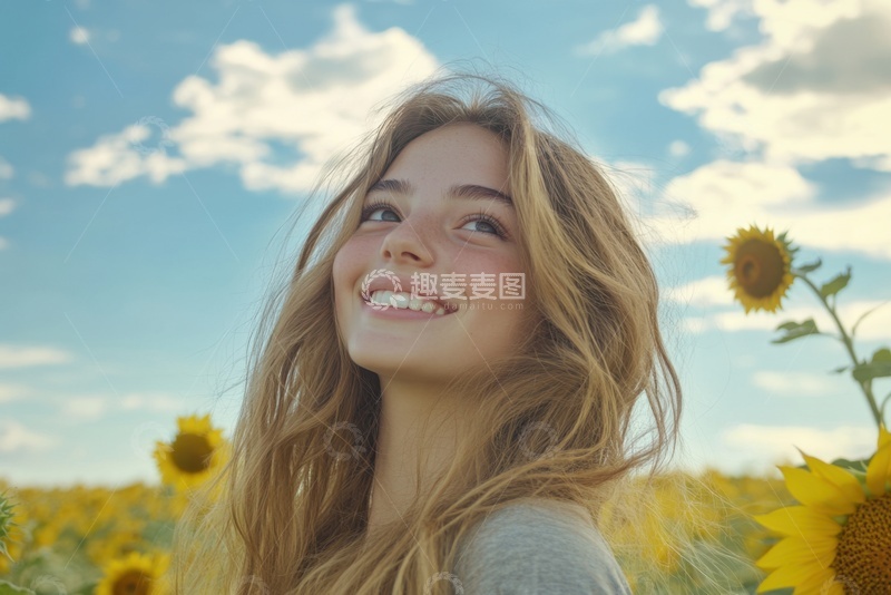 高清大图下载【趣麦麦图】向日葵花丛中开心的少女