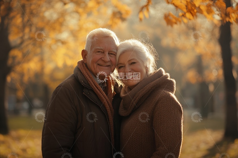 高清大图下载【趣麦麦图】秋季公园里拍照的老年夫妻