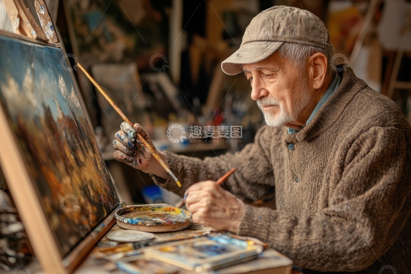 高清大图下载【趣麦麦图】-拿着画笔绘画的一位老人