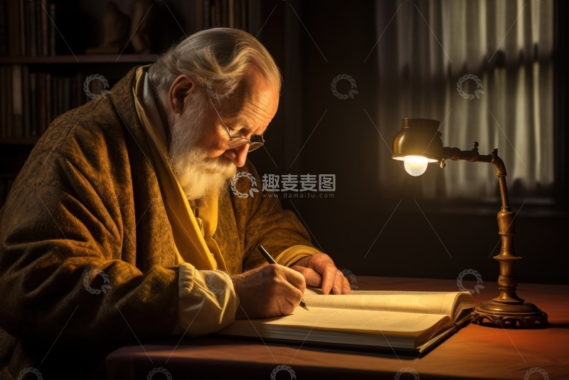高清大图下载【趣麦麦图】台灯下写作的一位老人