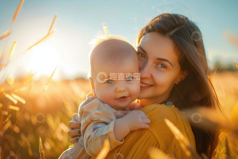 高清大图下载【趣麦麦图】田野里抱着小孩的年轻妈妈