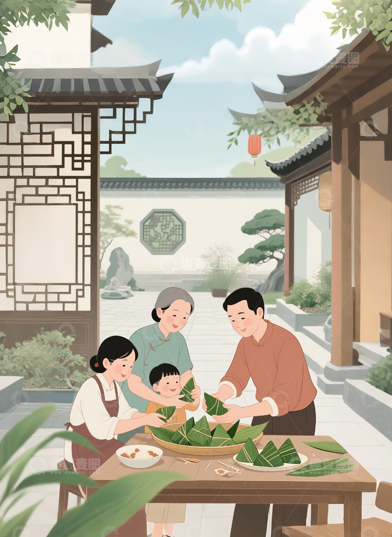 高清大图下载【趣麦麦图】端午节一家子包粽子2