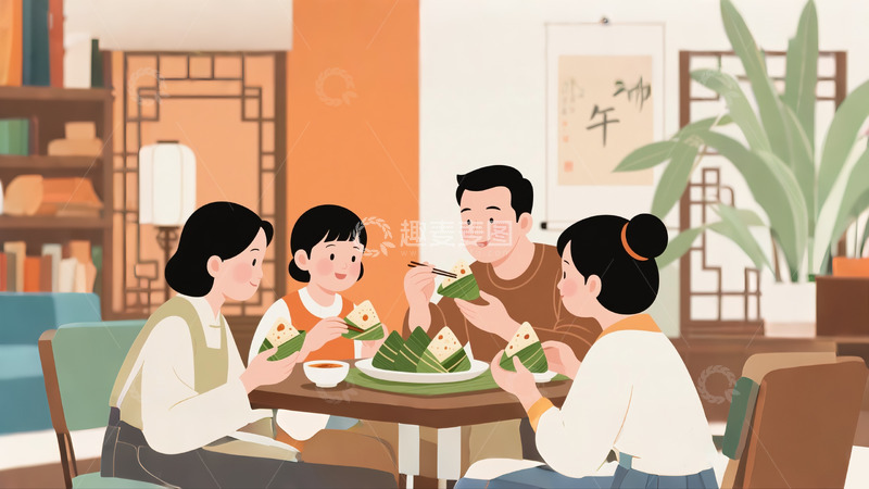 高清大图下载【趣麦麦图】端午节一家人吃粽子2