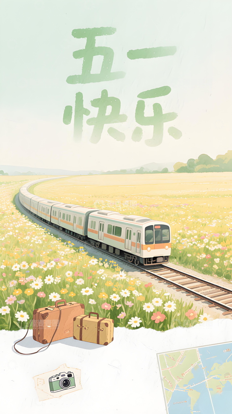 小清新风格五一节海报列车开往花海矢量插画