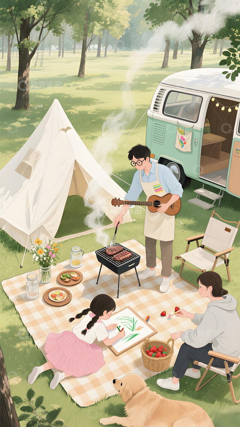家庭户外野餐露营插画烧烤矢量手绘插画