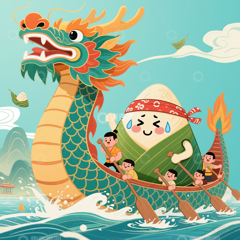 源文件下载【趣麦麦图】端午节龙舟粽子国潮风扁平插画