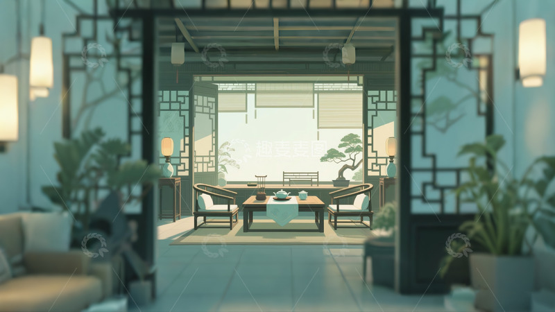 高清大图下载【趣麦麦图】现代中式茶室插画背景2
