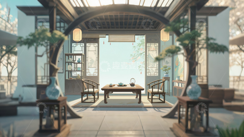 高清大图下载【趣麦麦图】现代中式茶室插画背景1