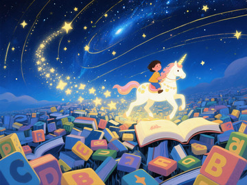 儿童节白马星空插画