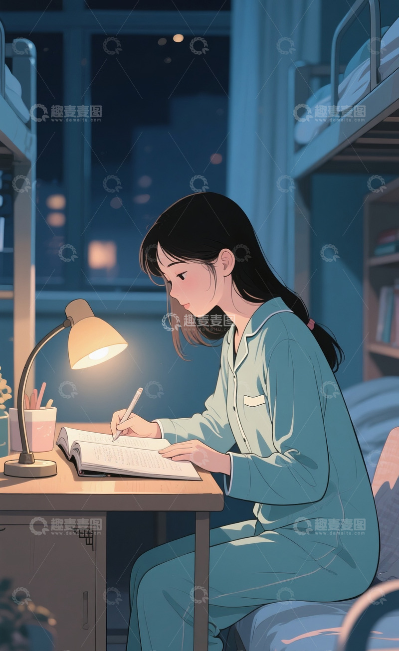 高清大图下载【趣麦麦图】深夜学习的女生1