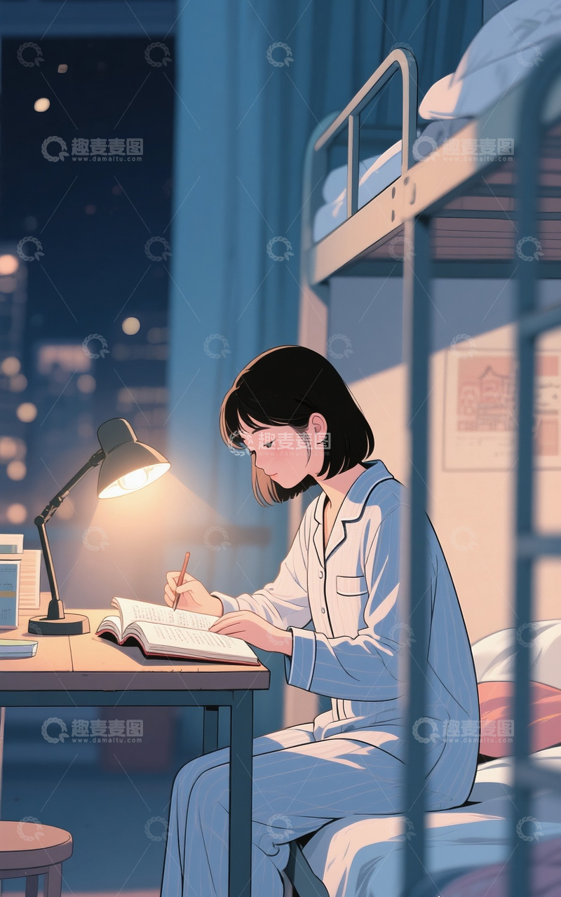 高清大图下载【趣麦麦图】深夜学习的女生