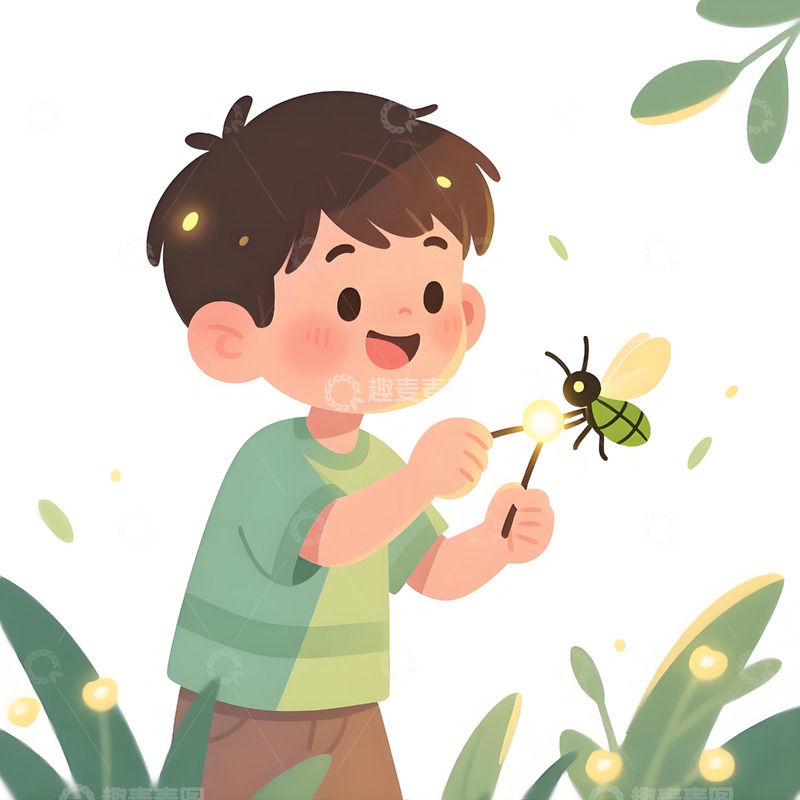高清大图下载【趣麦麦图】夏季卡通捉萤火虫的男孩1