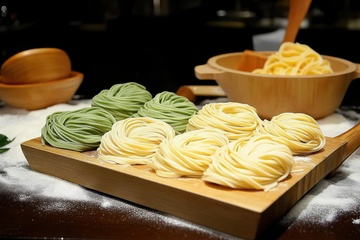 放在案板上盘起来的面条