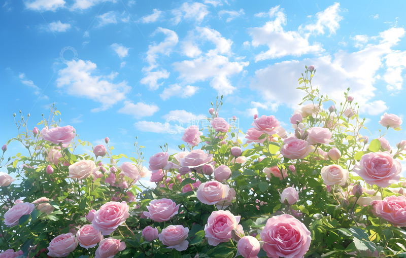 高清大图下载【趣麦麦图】蓝天白云下的玫瑰花丛