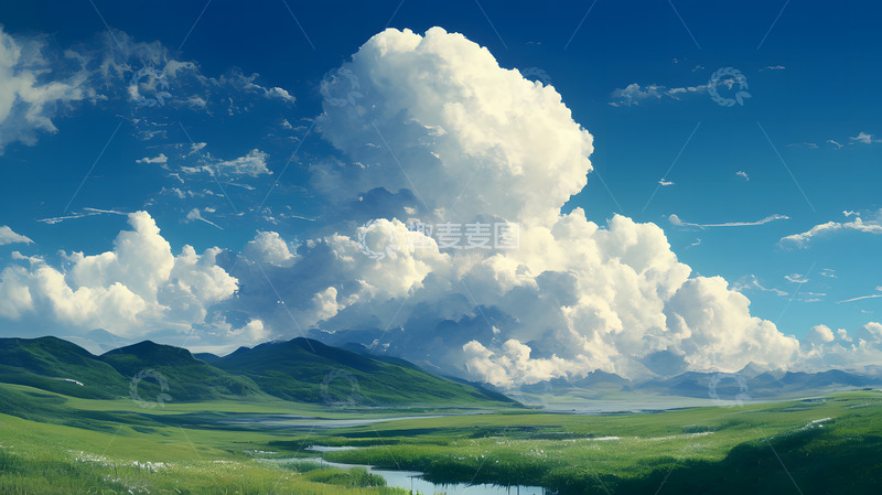 高清大图下载【趣麦麦图】夏天草地上的天空云彩1