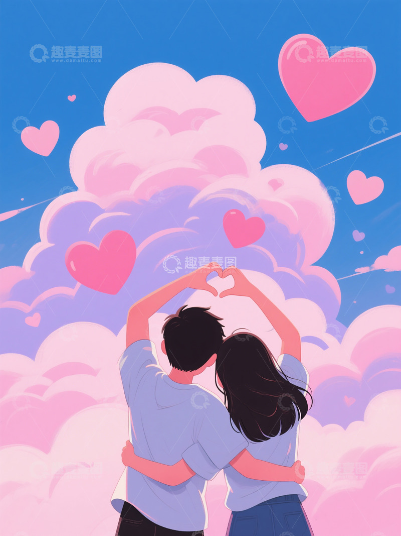 高清大图下载【趣麦麦图】AICG扁平风格情侣插画情人节海报素材