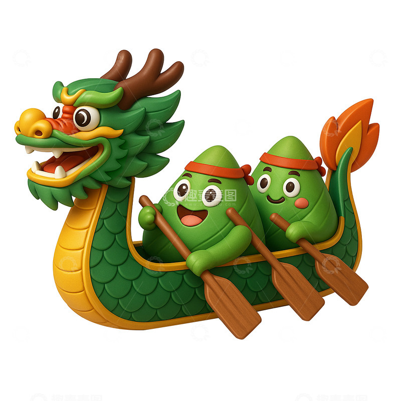 高清大图下载【趣麦麦图】卡通手绘端午粽子划龙舟免抠元素