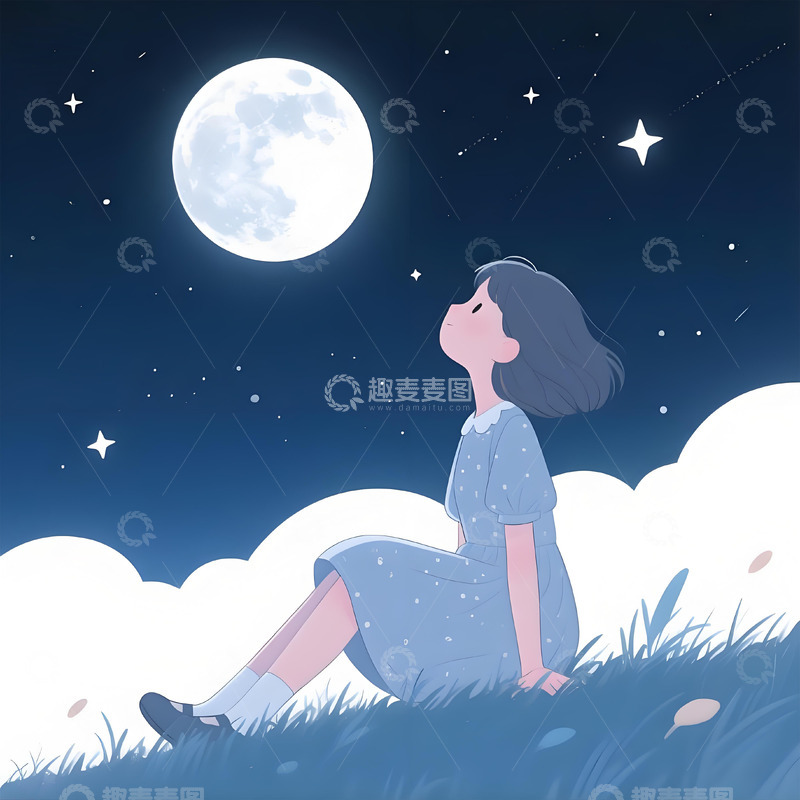 高清大图下载【趣麦麦图】夏季卡通动漫星空下的女孩