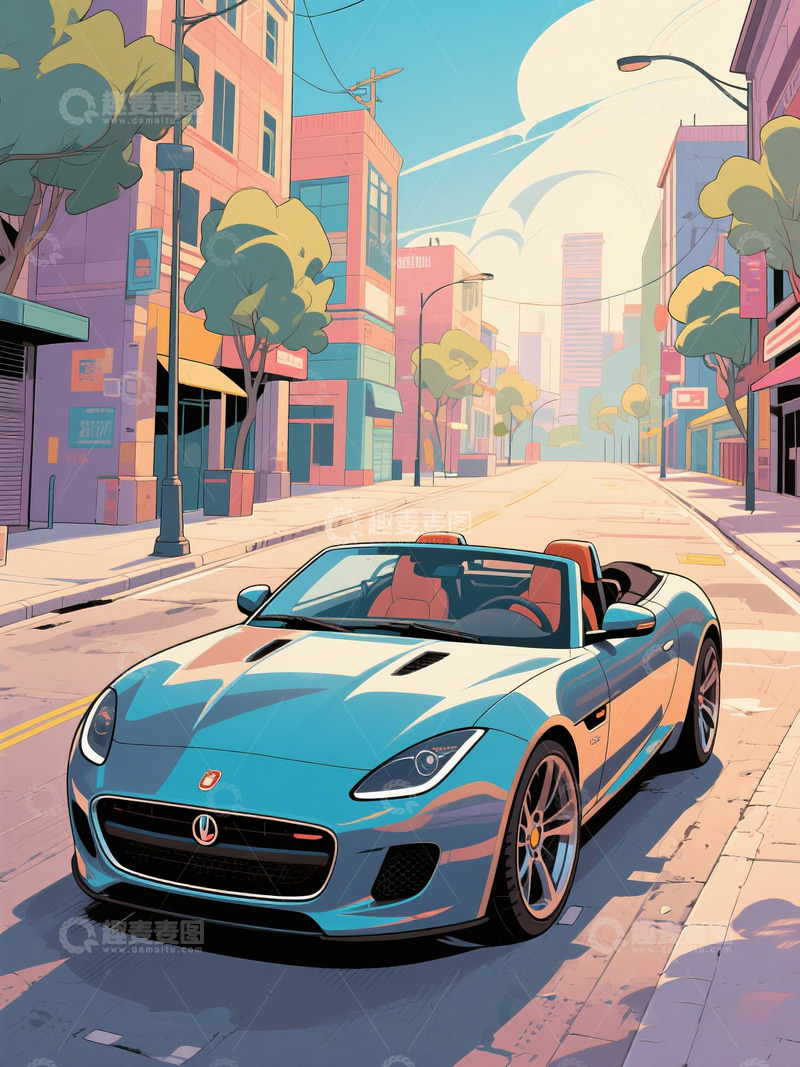 高清大图下载【趣麦麦图】敞篷跑车复古漫画风格1