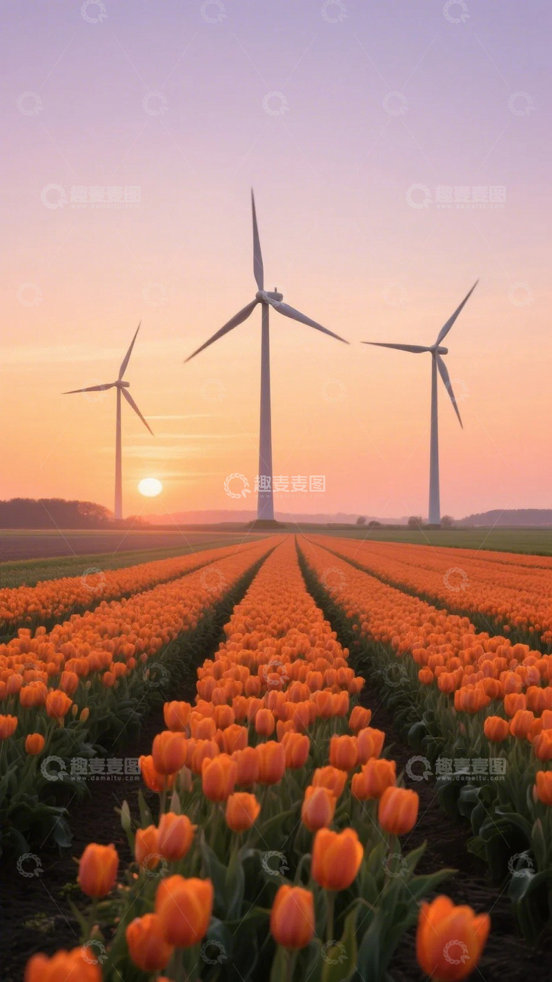 高清大图下载【趣麦麦图】风能发电与郁金香花海2