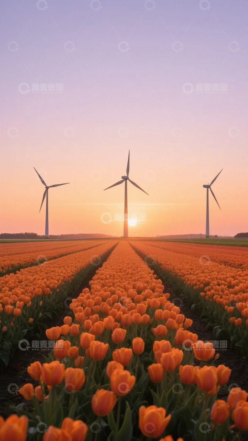 高清大图下载【趣麦麦图】风能发电与郁金香花海