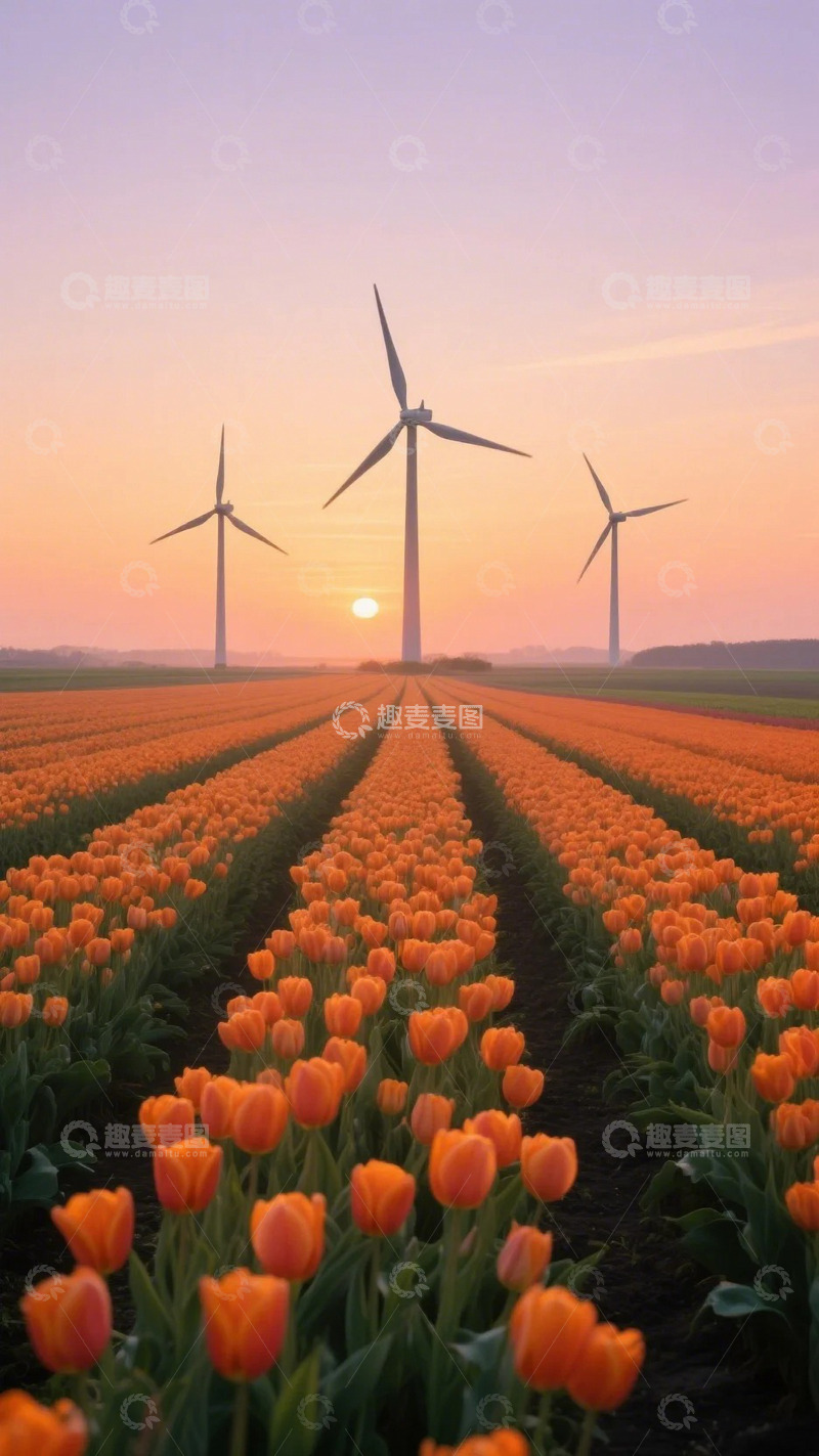 高清大图下载【趣麦麦图】风能发电与郁金香花海3