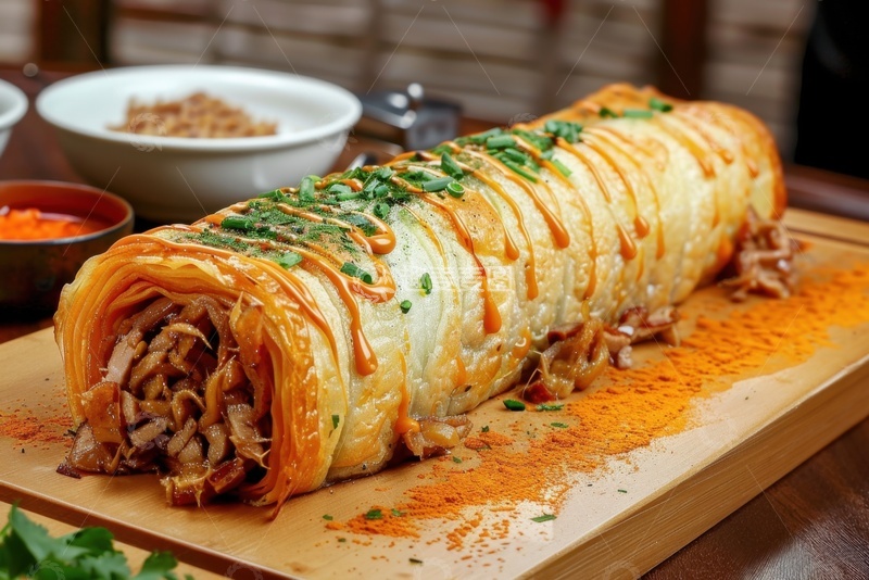 高清大图下载【趣麦麦图】案板上放置的油饼卷肉美食