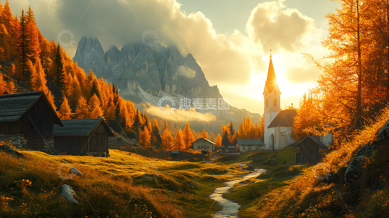 高清大图下载【趣麦麦图】秋天深山枫林欧式建筑2