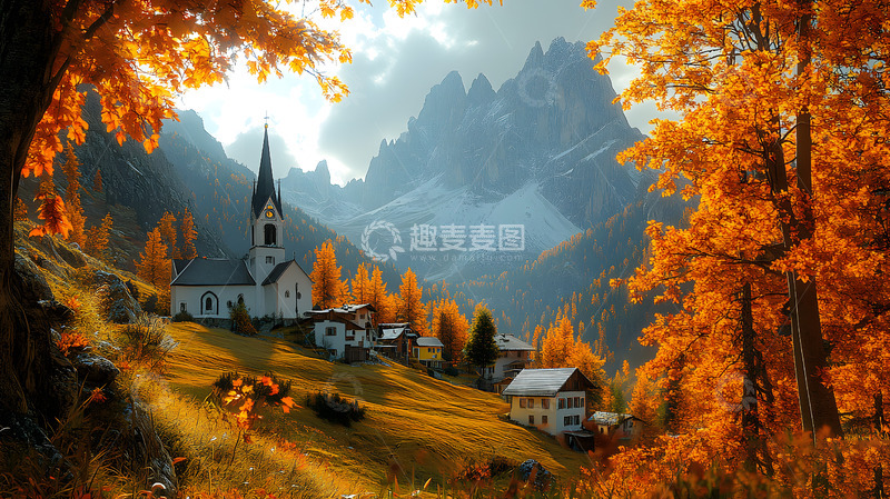 高清大图下载【趣麦麦图】秋天深山枫林欧式建筑